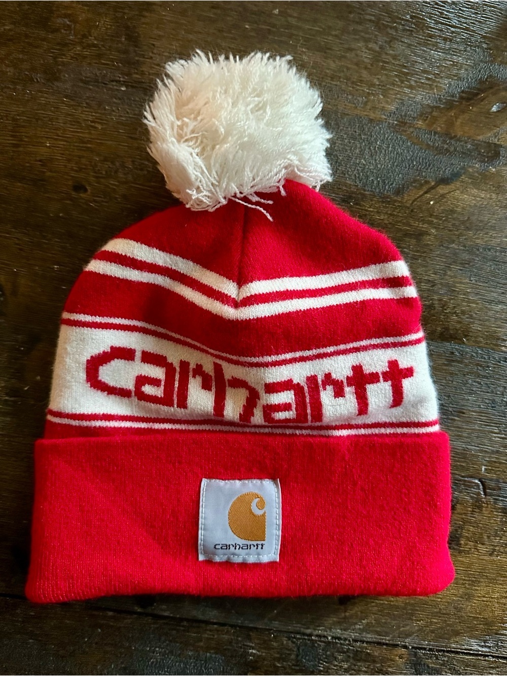 Carhartt Women’s Red & White Pom-Pom Knit Beanie